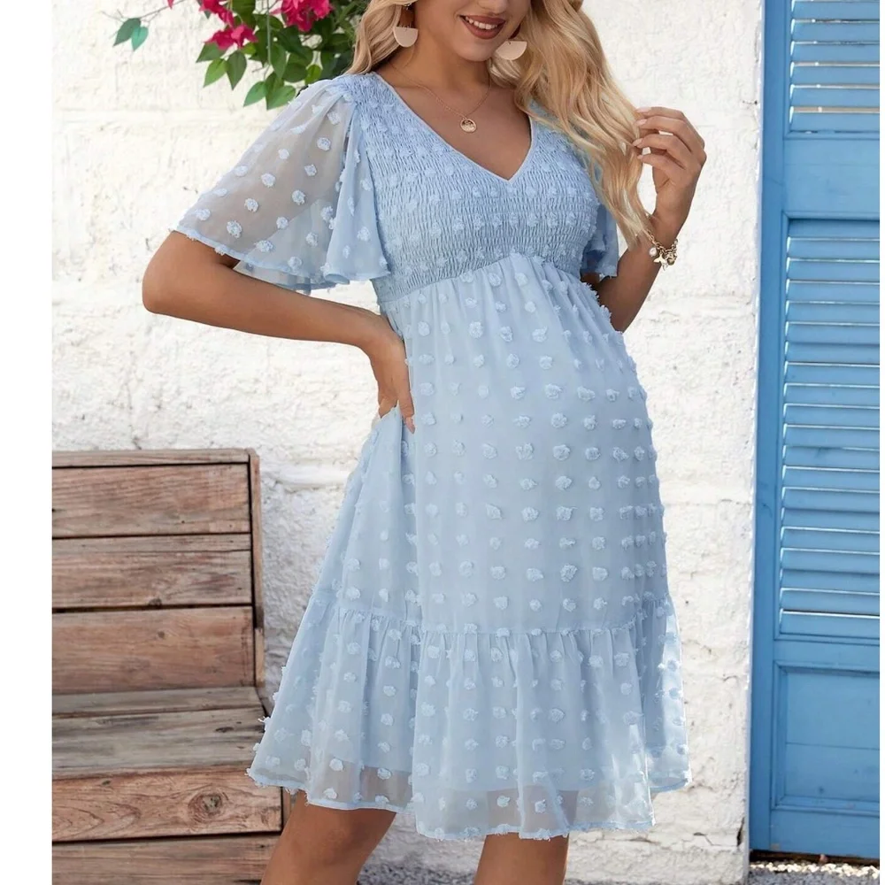 Maternity Swiss Dot Butterfly Sleeve Ruffle Mini Dress - Picture 2 of 4